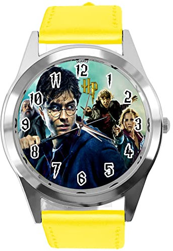 Runde Quarzuhr aus gelbem Leder für Zauberer-Fans E3