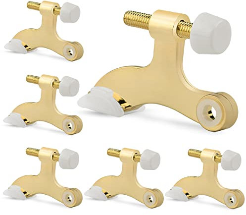 KOVOSCH 6 Pack Hinge Pin Door Stopper Bright Brass - Adjustable Heavy Duty Gold Hinge Pin Door Stops with White Rubber Bumper Tips