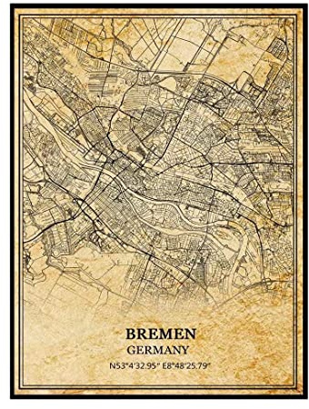 TANOKCRS Bremen Deutschland Vintage Karte Poster Kunstwerk Wandkunst Stadt Straße Karte Druck Reise Souvenir Geschenk Heimdekoration ungerahmt
