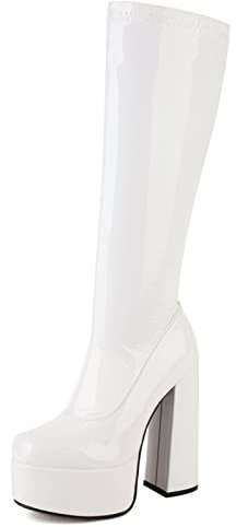 MJIASIAWA Donna Senza Chiusura Knee Plateau Chunky Stivali Stretch Festa Moda Tacco Alto Plateau Vernice Stivali Equitazione Vestito Bianco Numero 35 Eu