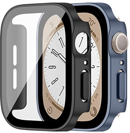 SOLOLUP Cover per Apple Watch Series 8&Series 7 45mm, Custodia Sottile Anti-Graffio e HD Clear del PC con la Protezione dello Schermo per la Serie 8 7 6 SE 5 4 di iwatch[2 Pezzi], Nero + Blu Notte