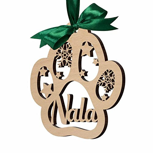 Personalisierte Tannenbaum Anhänger - Christbaumkugel Weihnachtspfote mit Namen personalisiert für Tiere - Weihnachtsbaumschmuck Holz Buche - Baumschmuck Deko Weihnachten (Pfote)