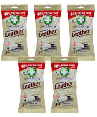 Value Pack of 5 Packs of Greenshield Care & Protect Conditioning Leather Surface Wipes (70 Wipes per pack) 350 Wipes Total Pack