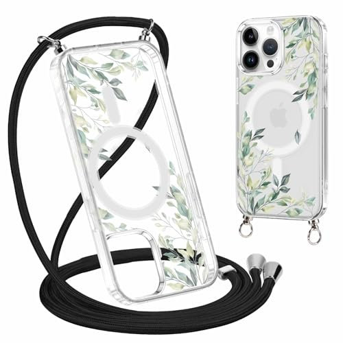 Yoedge Handyhülle Handyband für iPhone 12 Pro Max 6,7 Hülle mit Band,Transparent Magnetisch Case Kompatibel mit Magsafe,Silikon Stoßfest Kordel zum Umhängen Schutzhülle mit Aesthetic Muster 2-Blumen