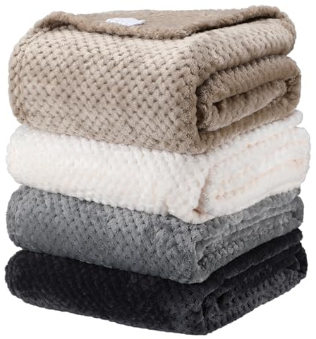 Newwiee 4 Pcs Fleece Throw Blanket, 3D Waffle Textured, Neutral Color