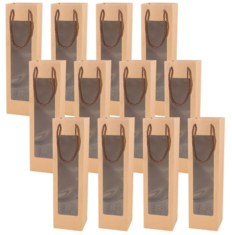 CLKE 12 Stück Geschenktüten Flaschen, Weinflaschen Verpackung Kraftpapier | Flaschen Verpackung mit Öffnungsfenster und Hebeseil, Weinflaschenbeutel für Geburtstag, Party, Weihnachten