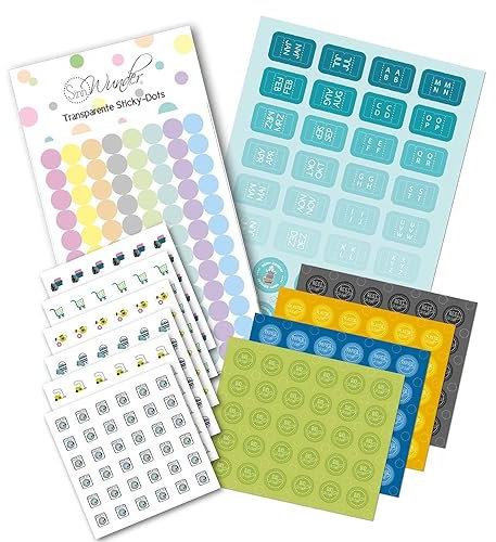 Großes SinnWunder® Planer-Sticker Set mit 754 Aufklebern für Monate, ABC, Haushalt, Mülltermine und transparente Sticky-Dots - Petrol