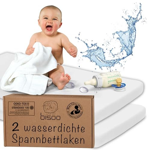 Bisoo Spannbettlaken 80x160-2in1 wasserdichte Bettlaken 80 x 160 Kinder - 2in1 Spannbetttuch Matratzenschoner für Kinderbett Juniorbett 100% Baumwolljersey Öko-Tex Zertifikat - 2 Stück Weiß 60x80
