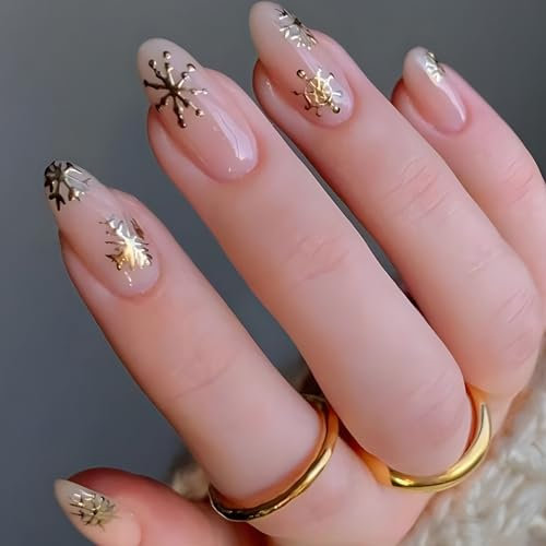 Ceboic 24 Stück Weihnachten Press on Nails Mandel Kurz, Gold Schneeflocke French Künstliche Nägel, Acryl Fingernägel zum Aufkleben mit Nagelkleber Aufkleber, Festival Fake Nails für Frauen & Mädchen