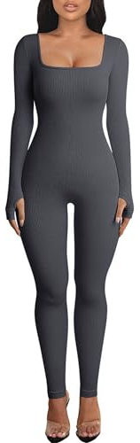 OEAK Damen Sport Jumpsuit Lang Eng Yoga Bodysuit Overall Stretch Langarm Bodycon Strampler Sportanzug Einteiler Hosenanzug Trainingsanzug,Dunkelgrau,M
