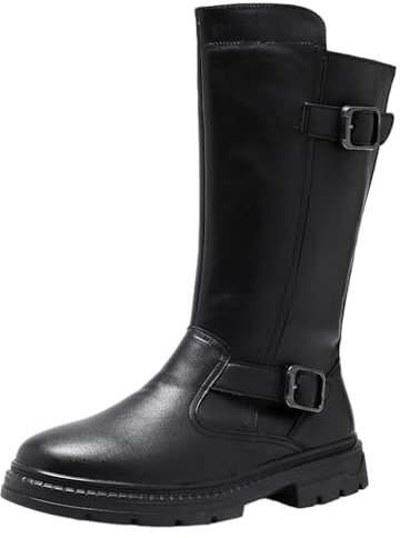 ANUFER Hombre Mitad de la Pantorrilla Botas de Motociclista Cremallera Lateral Puntera Redonda Negro Botas de Cuero SN0711131 EU43