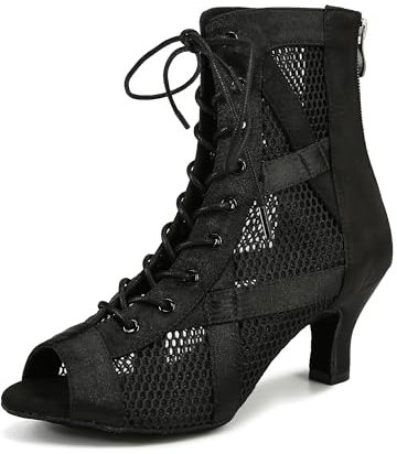 YYTing Damen Ballsaal Latin Salsa Tanzschuhe Performance 6,3 cm und 8,9 cm Absatz Schuhe, Schwarz, Absatz: 6,4 cm, 38.5 EU, YT236-BK-7.5