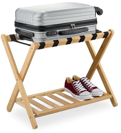Relaxdays Support à valises, Pliant, Bambou, HxLxP: 56x68,5x41,5 cm, Porte-Bagage avec étagère, pour Sac, hôtel, Nature