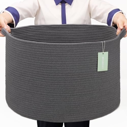 BOSROTY Extra Large Blanket Basket 87L, Laundry Hamper, Baby Nursery Hamper for Storage Toys Clothes Towels, Large Cotton Rope Laundry Basket for Girls Boys, 55 x 35 CM, Dark Gray