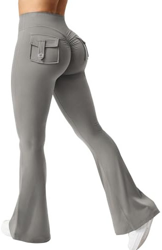ZAAYO Damen Scrunch Flare Leggings mit Pockets Workout Leggings Damen Butt Lifting Gym Yoga Leggings Hellgrau S