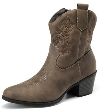 DREAM PAIRS Women's Western Cowboy Cowgirl Embroidered Ankle Boots Fashion Low chunky Heel Round Toe Fall Short Booties Shoes,Size 8,Camel,SDAB2432W