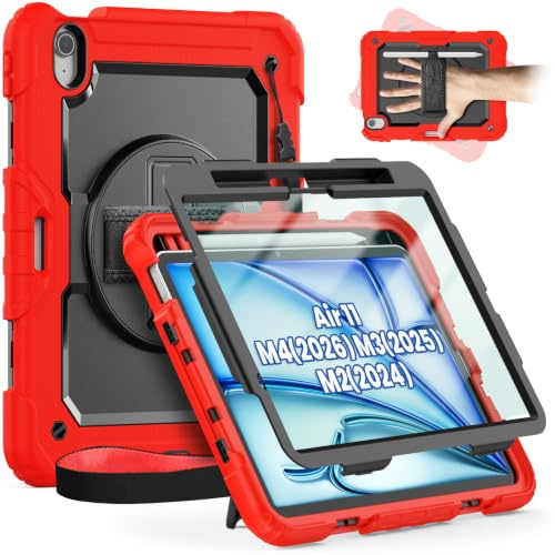 Timecity Hülle für iPad Air 11 Zoll, iPad Air M4/ M3/ M2 mit Stifthalter | für iPad Air 11 m4 Hülle, 8.-6.Gen. (2024/2025/2026) mit 360° Drehbarem Ständer/Handschlaufe/Schultergurt/Stifthalter-Rot