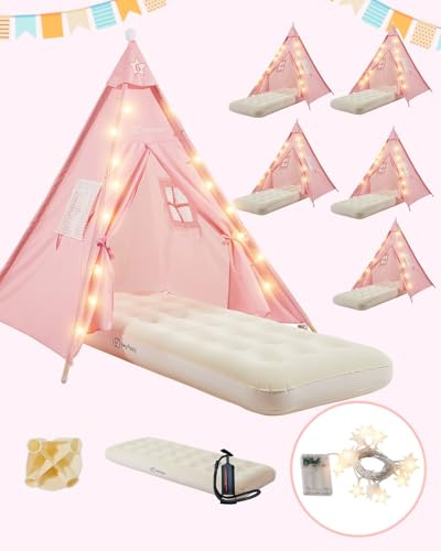 6 Stück Tipi Zelt für Kinder mit Luftmatratze & Lichterkette, Kinderzelt Indoor & Outdoor für Pyjamapartys, Zelt Kinderzimmer, Spielzelt für Mädchen & Jungen,Rosa