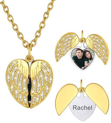 U7 Frauen Halskette mit Zirkon Foto Anhänger Herz Flügel Medaillon zum Öffnen für Bilder Engelsflügel Foto Kette Gravur Herzanhänger Memorial Herzkette Gold Personalisiert Modeschmuck für Schwester