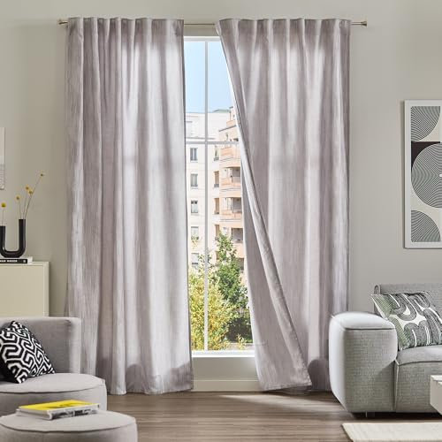 Como Gardinen 2er-Set Vorhänge grau Stickfäden gestreift 245 x 140 cm