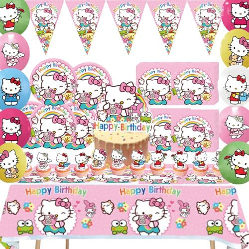 66-Piece Cat Them Tableware for Birthday Parties, Birthday Tableware, Includes a Banner, Paper Plates, Cups, Napkins, Tablecloth
