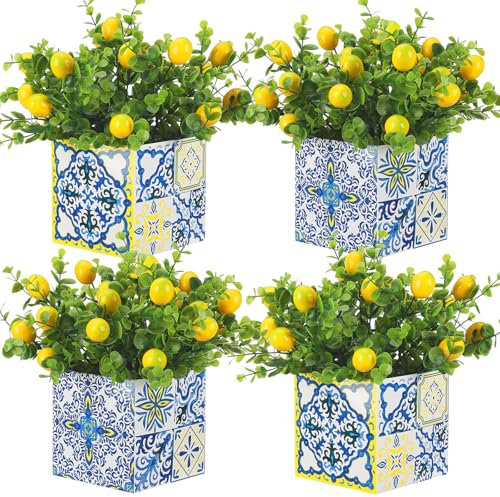 Giegxin Blaue Fliesen, Zitronendekoration, Amalfiküste, Dekoration mit künstlichen Zitronenzweigen für Capri, mediterran, Positano, Hochzeit, Geburtstag, Party-Dekoration (4 Sets)