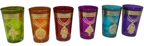 Générique SULTANAMA - Ensemble de 6 Verres à Thé Marocains - Fabrication Artisanale, Couleurs Vives avec Dorures (Modèle 02, Medium)