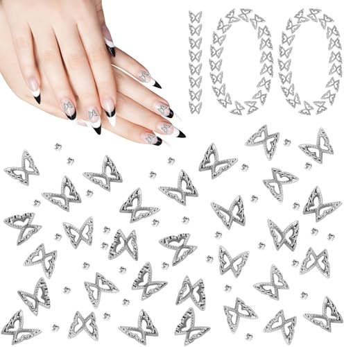100 Stück Legierung Schmetterling Nagel Charms, Silber Schmetterling Nagel Kunst Anhänger, Strass Schmetterling Dekorationen für DIY Nagel Kunst Dekoration Handwerk Schmuck