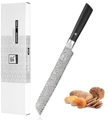 zayiko Black Edition Damast Brotmesser 20 cm Klinge mit Wellenschliff I 67 Lagen Damaststahl I VG10 Kern, 60±2 HRC I Pakkaholzgriff I Brotschneidemesser für Brot, Krusten & Backwaren I In Geschenkbox