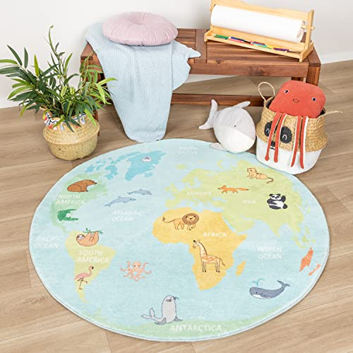 Little Olly Kinderteppich Rund - Globe Hellblau - - Kinderzimmer, Babyzimmer - Jungen - Mädchen