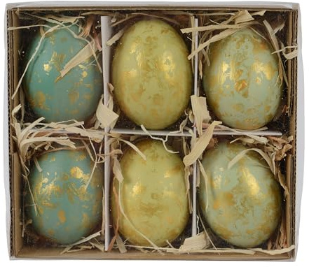 Ostereier zum Aufhängen 4x6cm mit goldenem Muster 6er Box - Dekoeier mit Aufhänger - Echte Hühnereier ausgeblasen - Deko Eier für Ostern Frühling - Osterdeko Hängedeko Frühlingsdeko
