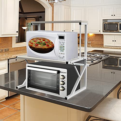 Estantería retráctil ajustable para horno de microondas, extensible y regulable en altura de acero al carbono con 3 ganchos para clip, soporte de horno eléctrico-65 x 54 x 30 cm, arce blanco