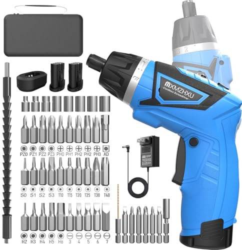 MXMZHXU 8V Electric Screwdriver, Rechargable Cordless Screwdriver with 2X 2000mAh Battery, 6+1 Torque 10N·m Max, 47pcs Bits, LED Light Power Screwdriver with Flexible Shaft
