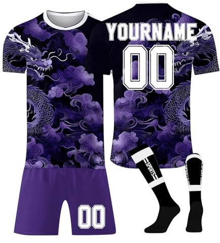 LILIHOT Personalisiert Fußballtrikot Kinder Erwachsene Fusstball Shorts Socks&Trikots 3 Teiliges Set,mit Namen Teamname Nummer Logo Atmungsaktiv Sport Tshirt Trainingsanzug Fantrikot(#C Dark Purple)