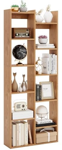 GIANTEX Bücherregal, Standregal mit 12 offenen Fächern & 2 Kippsicherungen, 65 x 20 x 162 cm Holzregal, freistehendes Raumteiler Regal für Wohnzimmer, Büro & Schlafzimmer (Natur)