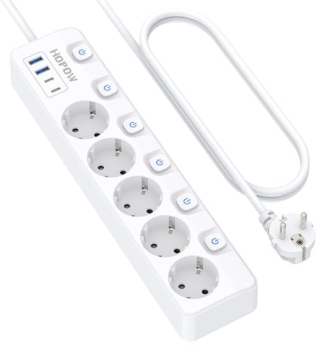 5 Fach Steckdosenleiste einzeln schaltbar, USB Steckdosenleiste 2m Kabel | 9-in-1 Mehrfachsteckdose mit 4 USB-Ports(3680W,16A), 1050J Überspannungsschutz Ideal für zu Hause, Büro und Reisen,Weiß