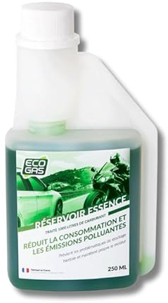 ECO GAS Additif Essence pour motos, voitures, tondeuses | Nettoyant Injecteurs Carburateur | Booster Performance | Stabilisateur | Réduit la consommation | Formule Concentrée 250 ml traitent 1000L