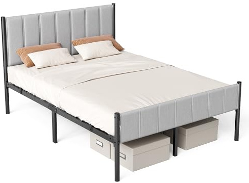 VASAGLE Full Bed Frame with Upholstered Headboard, Metal Bed Frame Full Size with Footboard, 1100 lb Weight Capacity, Steel Slats, Easy Assembly, No Box Spring Needed, Dove Gray URMB982G01V1