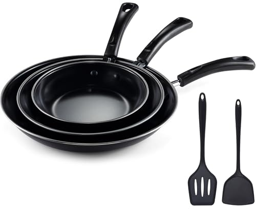 Hunnycook Pfannen (20cm,25cm,30cm), 2 Pfannenwender Silikon, Edelstahlpfanne, geeignet für Induktionsherde, Gasherde und andere Herdarten, Beschichtete Pfanne ideal für Eieromeletts, Steaks und Fisch
