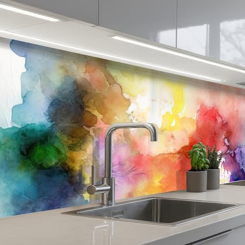 KitchenYeah© Spritzschutz Küche Küchen Rückwand Küchendeko Wand Wandschutz | 80x300 cm - Selbstklebend Backsplash Kitchen Peel And Stick Aquarell - Regenbogen - Abstrakt - Kunst - Farben
