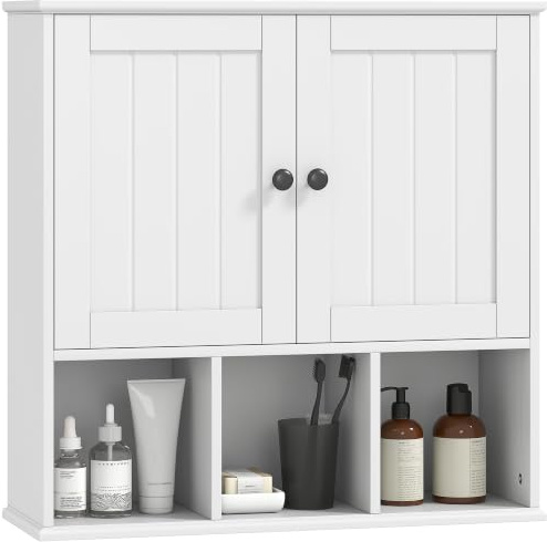 HOMCOM Farmhouse Badezimmer Wandschrank, Wandmontierter Medizinschrank mit verstellbarem Regal, offenen Fächern und 2 Türen, Aufbewahrungsorganisator über der Toilette, Weiß