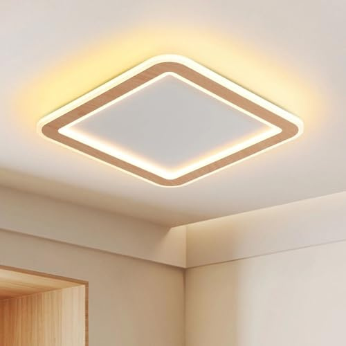 RRBEST LED Deckenleuchte aus Holz, Dimmbar LED Lampen Deckenlampen, 3000K-6000K, Quadratisch Deckenlampe für Wohnzimmer, Esszimmer, Flur, Zuhause