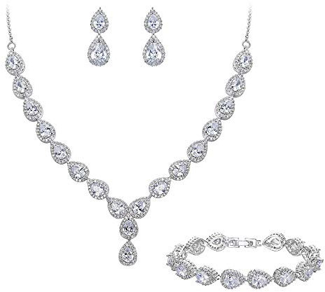 Clearine Damen Hochzeit Braut Tropfen CZ Unendlichekeit Figur 8 Y-Halskette Tennis Armband Dangle Ohrringe Set Klar Silber-Ton