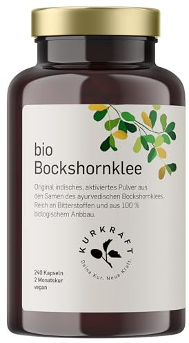 Kurkraft® Bockshornklee Kapseln Aktiviert (240 Stück) - Bio-Zertifiziert & Laborgeprüft - Vegan - 2600mg (650mg je Kapsel) - ohne Zusatzstoffe - Sorgfältig in Deutschland produziert