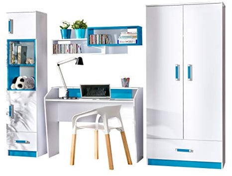 Mirjan24 Jugendzimmer Set Trafiko I, 4-TLG. komplett, Farbauswahl, Kleiderschrank, Regal, Schreibtisch, Wandregal (Weiß/Weiß + Türkis)