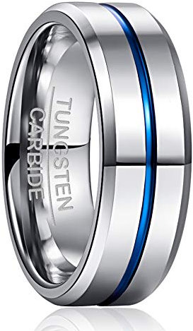 NUNCAD Ring Herren/Damen Wolframcarbid Ring Silber + Blau 8mm Breit Fashion Schmuck Ring für Hochzeit Verlobung Größe 70.0 (22.3)