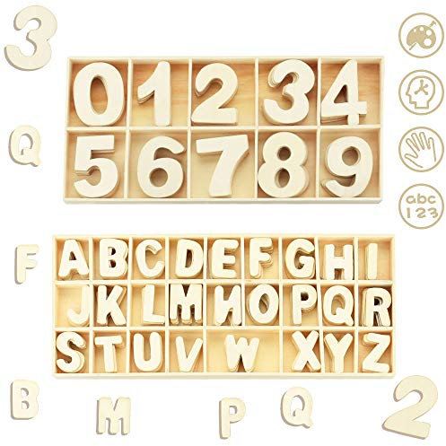 Favengo 216 Stück Holzbuchstaben Natur Kinder Holzzahlen Buchstaben Holz Zahlen Alphabet Und Nummer 0-9 Zahlen aus Holz Großbuchstaben A-Z mit Holzkisten für Kunsthandwerk Schule Kindergarten Deko