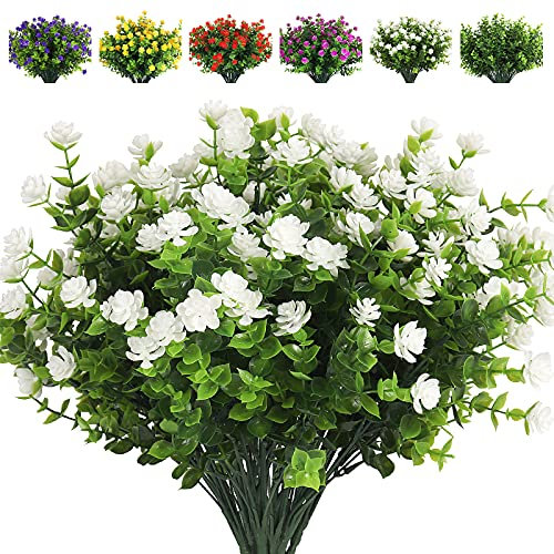 RECUTMS 8 pcs Artificial flowers plastic Outdoor UV Resistant Plants artificial outdoor eucalyptus plants Wedding Bouquet for Home Garden Party Wedding Decoration (White)