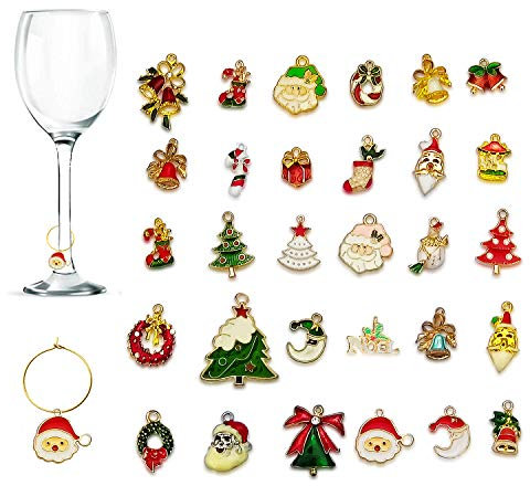 CNYMANY 30 pezzi Charms per Bicchieri da Vino, Lega di Zinco a Tema Natalizio Etichette Segnabicchieri per Calice per Natale Degustazione di Vino Cocktail Champagne Bomboniere Forniture Regali