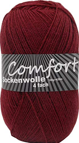 100gr Comfort Sockenwolle Strumpfwolle uni - 4-fädig - 100gr Knäul - 420m Lauflänge - Nadelstärke 2,5-3,0mm-klassiche traditionelle zeitlose Farben (bordeaux)